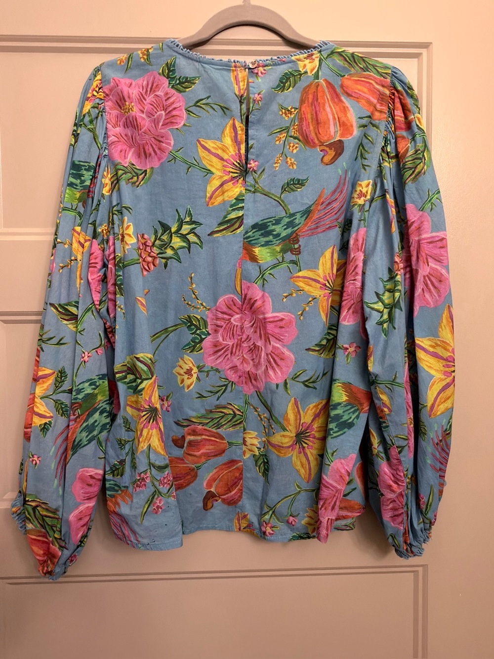 FARM Rio Blue Floral Lace-Trim Puff Sleeve Blouse - Picture 3 of 14